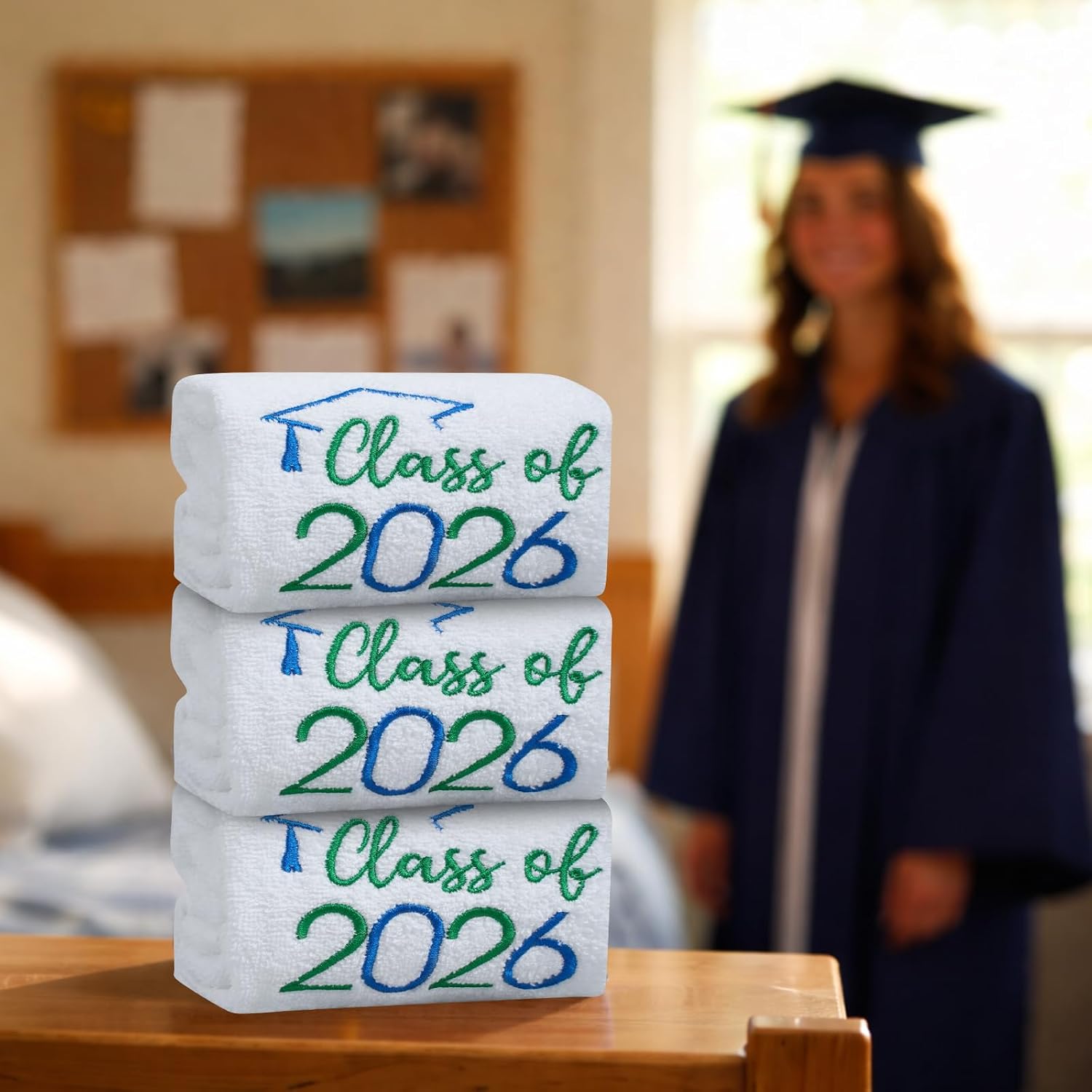 MASHAN Class of 2026 Graduation Hand Towels 3 Pack,100% Cotton Soft Absorbent Bathroom Towels,Senior 2026 Graduation Gift for Girls Boys,Blue Green Decorative Towels 14x30 Inch