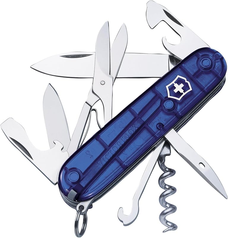 Victorinox Climber Swiss Army, 14-Function Pocket Knife, Blue Transparent | 14 Function, Swiss Made Pocket Knife, with 2 Blades, Corkscrew and Screwdriver