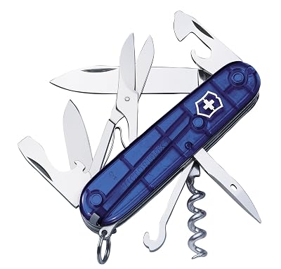 Victorinox Climber Couteau de Poche Suisse, Léger, Multitool, 14 Fonctions, Tire Bouchon, Lame, Ouvre Boite, Bleu Transparent