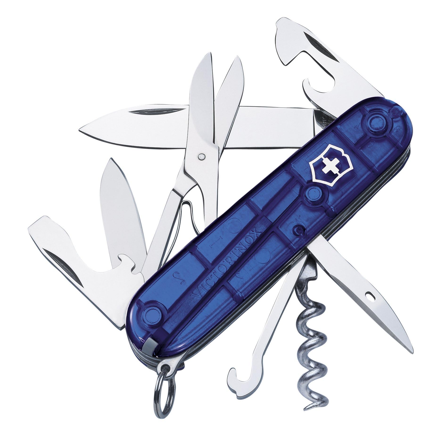 Climber Swiss Army Knife, 14 Function Swiss Made Pocket Knife with 2 Blades, Corkscrew and Screwdriver - Sapphire
