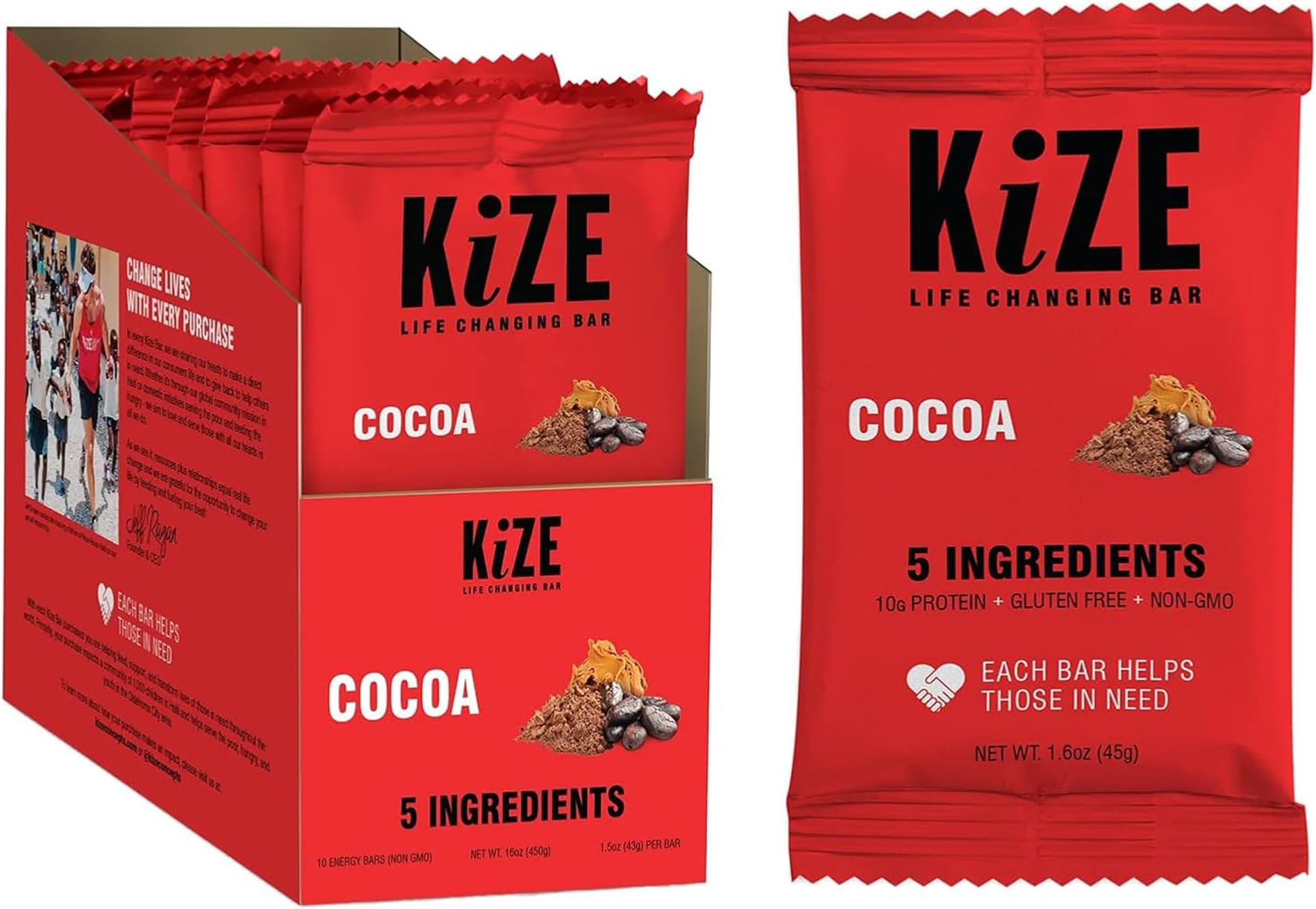 KiZE Energy Bars - Cocoa - 20-Count - Gluten Free, Non-GMO, and High Protein Meal Replacement Energy Bars, Clean and Simple Food Ingredients - 10g High Protein Snacks (20 Count)