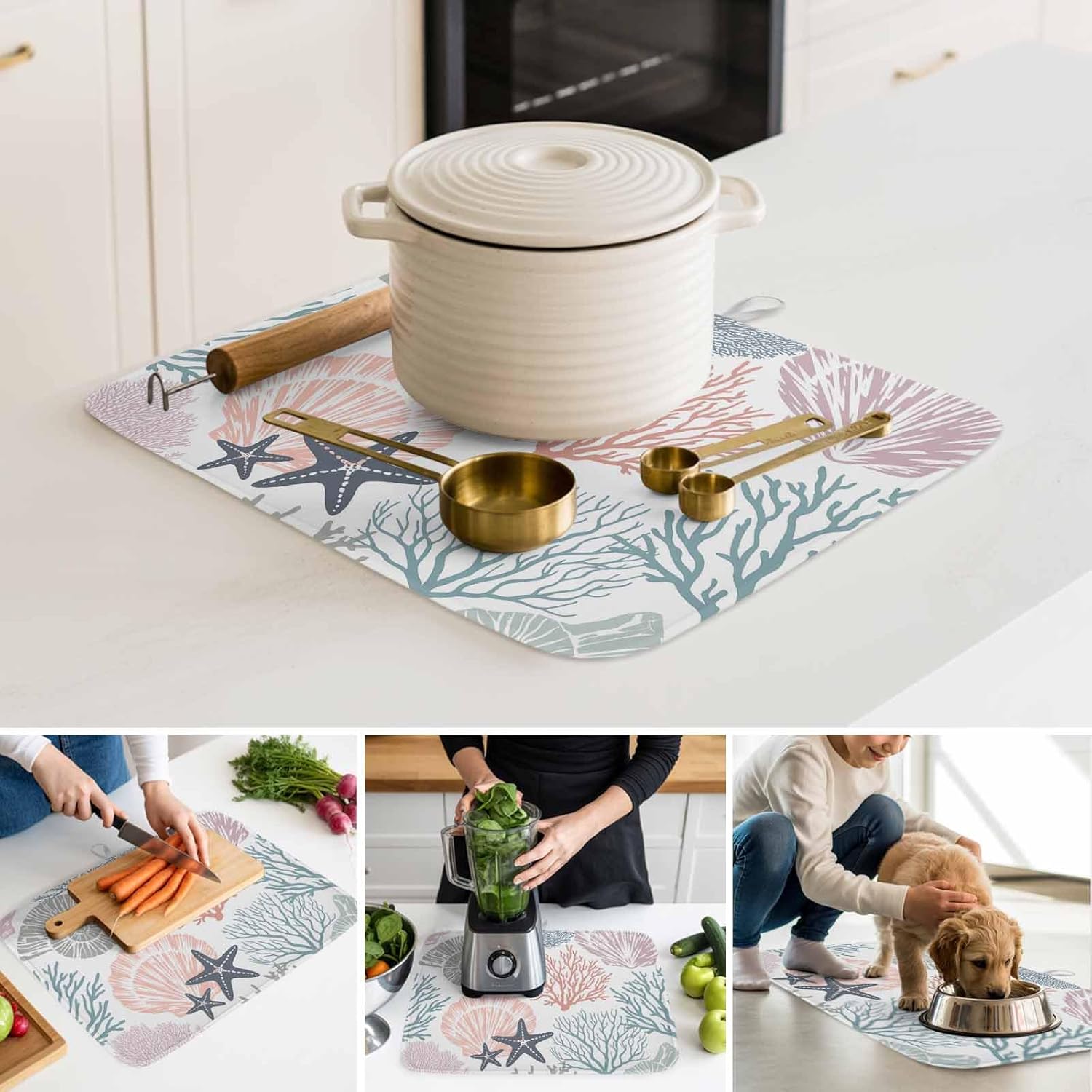 Ocean Classic Art 2 Pack Dish Drying Mat for Kitchen Counter 18''x24'' Watercolor Starfish Coral Shell Absorbent Dish Bowl Dishes Drainer Mat Reversible Drying Rack Pad for Coffee Bar