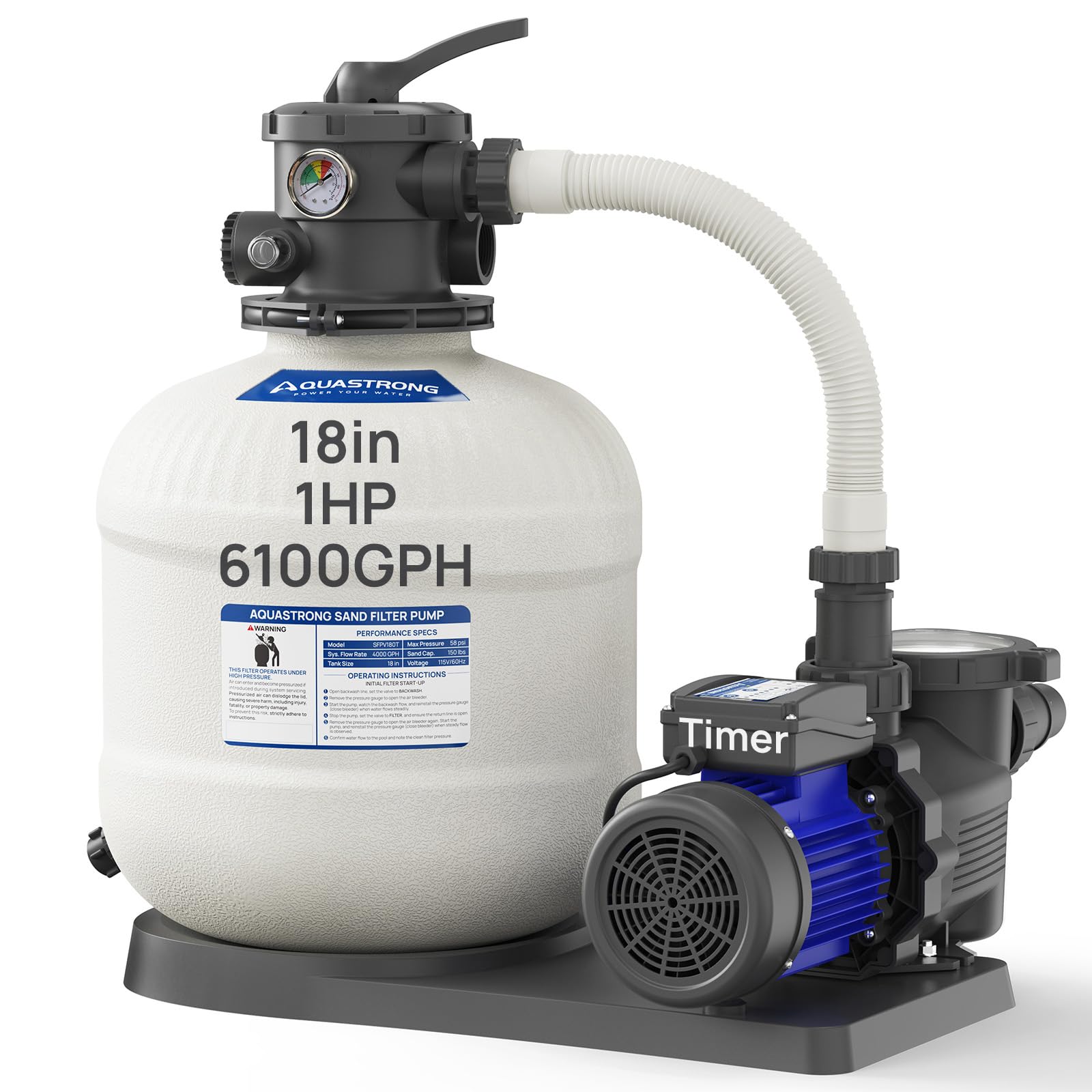 AQUASTRONG 18in Sand Filter Pump with Timer, 1 HP, 6100 GPH Pool Pumps for Pools Up to 20000 GAL, Pool Filter With 6-Way Valve, Improved Circulation and Filtration