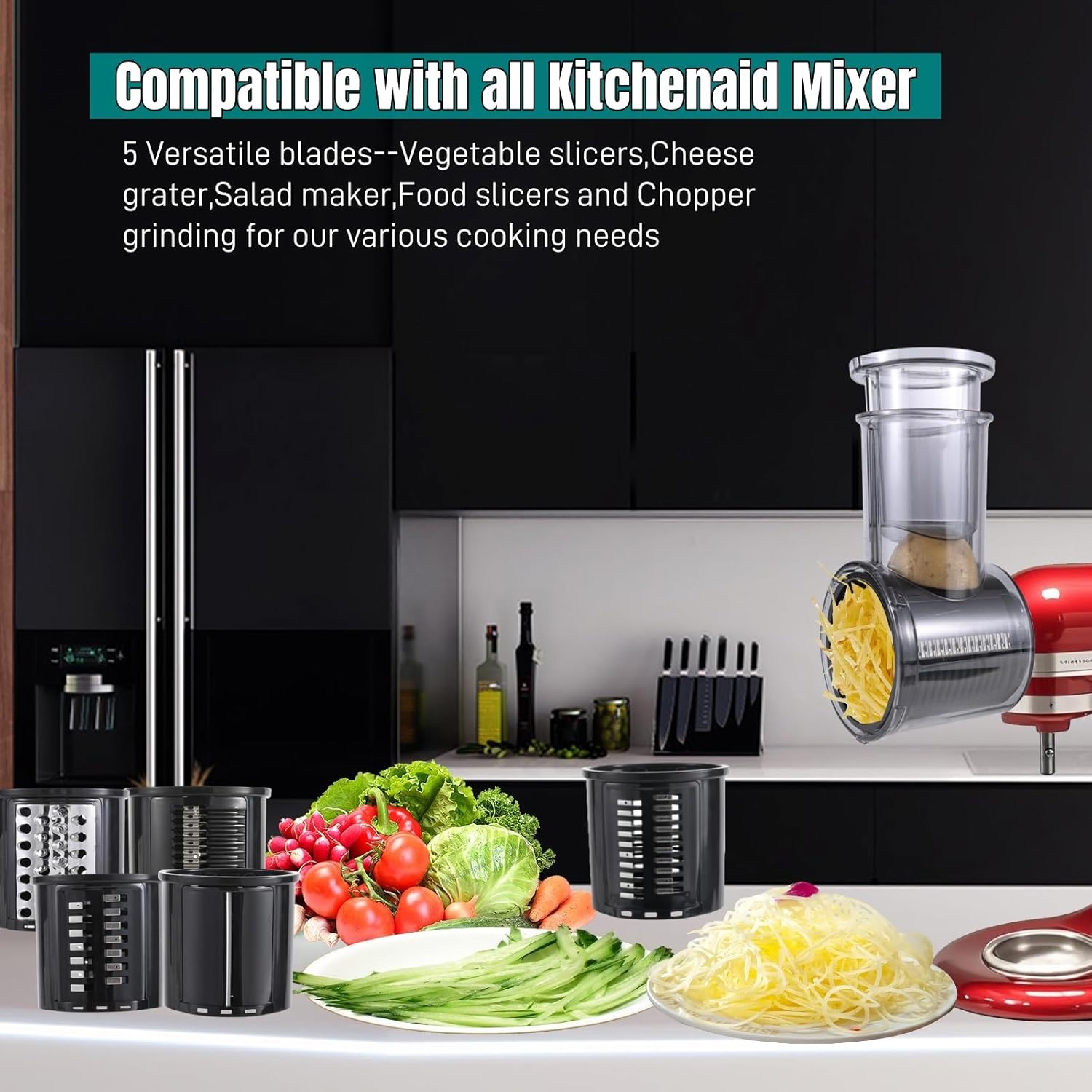 Stainless Steel Slicer Shredder Attachment Compatible with Kitchenaid Stand Mixer Parts Accessories, Vegetable Shredder Cheese Grater with Detachable 5 Blades