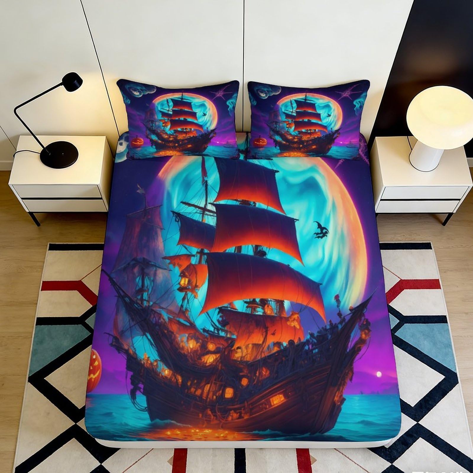 3D Printed Pirate Ship Fitted Sheet Microfiber Soft Breathable Moon Bed Cover for Bedroom Dorm Decor Mattress Protection 90x200x25cm
