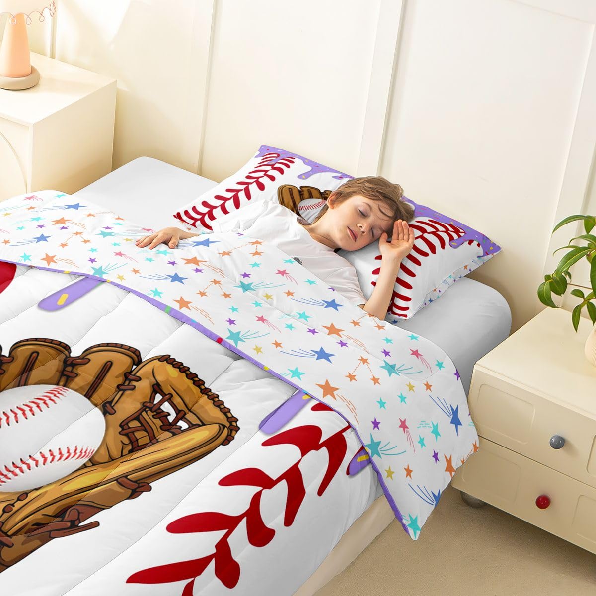 Homewish Fioletowe zestawy pościeli z kremem baseballowym – zestaw kołdry z lodami rękawiczki baseballowe miłośnicy gier zestaw kołder – słodki deser sportowa poszewka na kołdrę