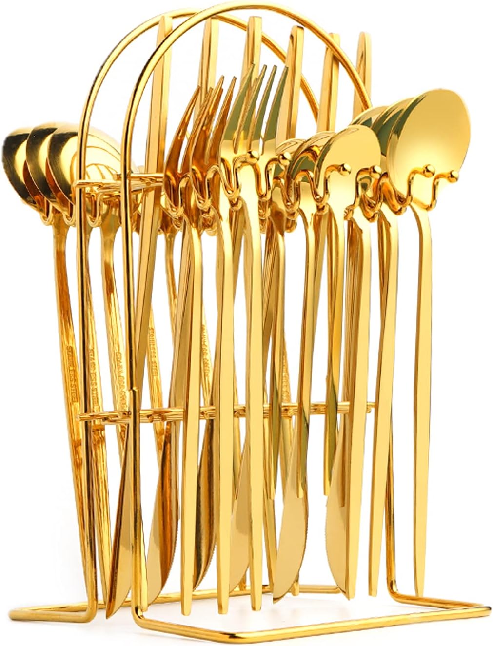JUMEIHUI Cutlery Set, 24-Piece Stainless Steel Flatware Set with Stand, Tableware Silverware Set with Spoon/Knife/Fork Set, Service for 6, Dishwasher Safe and Easy Clean (Gold))