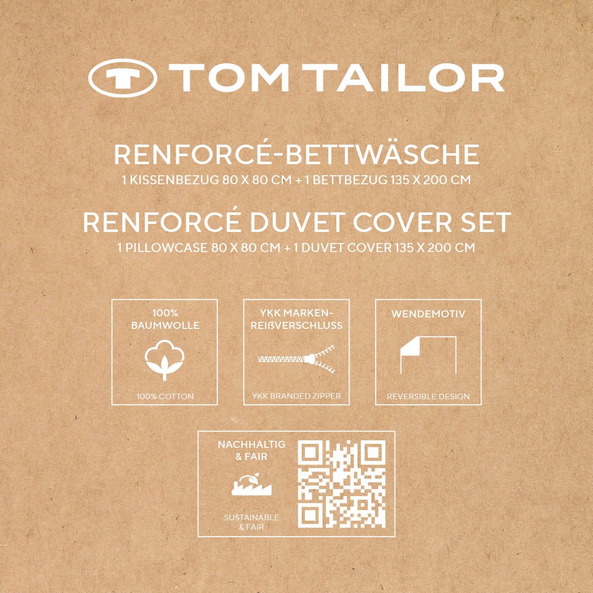 Tom Tailor Renforcé-Bettwäsche Leo, Wendemotiv, 80x80 cm + 135x200 cm, mit Reißverschluss, 100% Baumwolle, Beige (Anthracite & Sunny Sand)