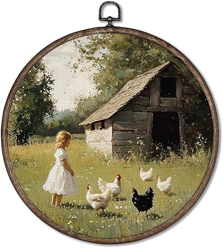 Giosve Póster enmarcado en lienzo redondo de casa de campo rústico, estilo retro, granja para alimentar pollos, esculturas de pared colgantes para