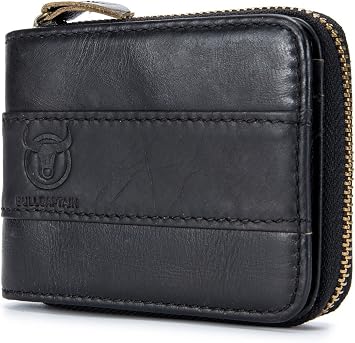 BULLCAPTAIN Mens Leather Wallet Zipper RFID Blocking Wallets Coins Purse Black