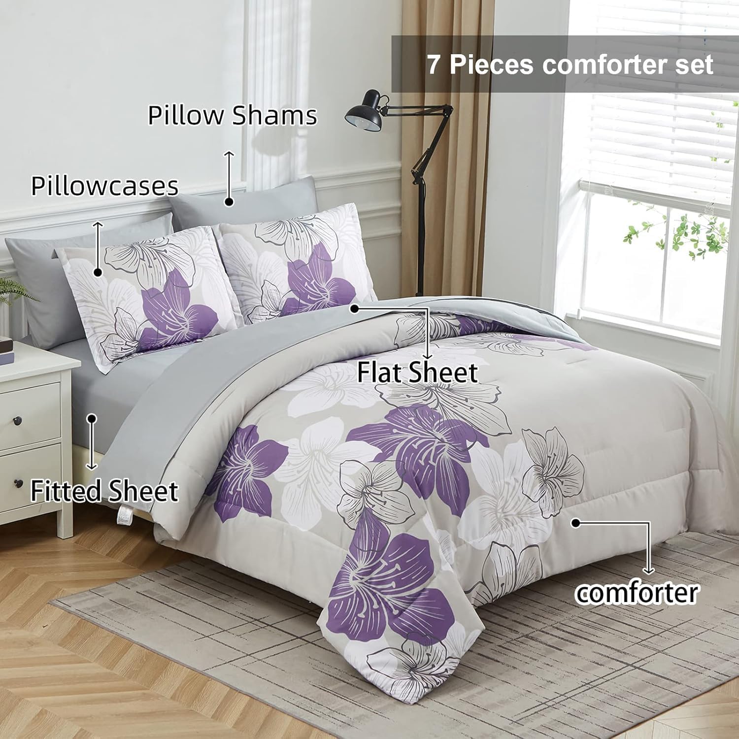 Luxudecor Floral Comforter Set Full Size Purple Floral Pattern Bedding Comforter Soft Microfiber 7 Pieces Bed in a Bag (1 Comforter, 2 Pillow Shams, 1 Flat Sheet, 1 Fitted Sheet, 2 Pillowcases) - Image 3