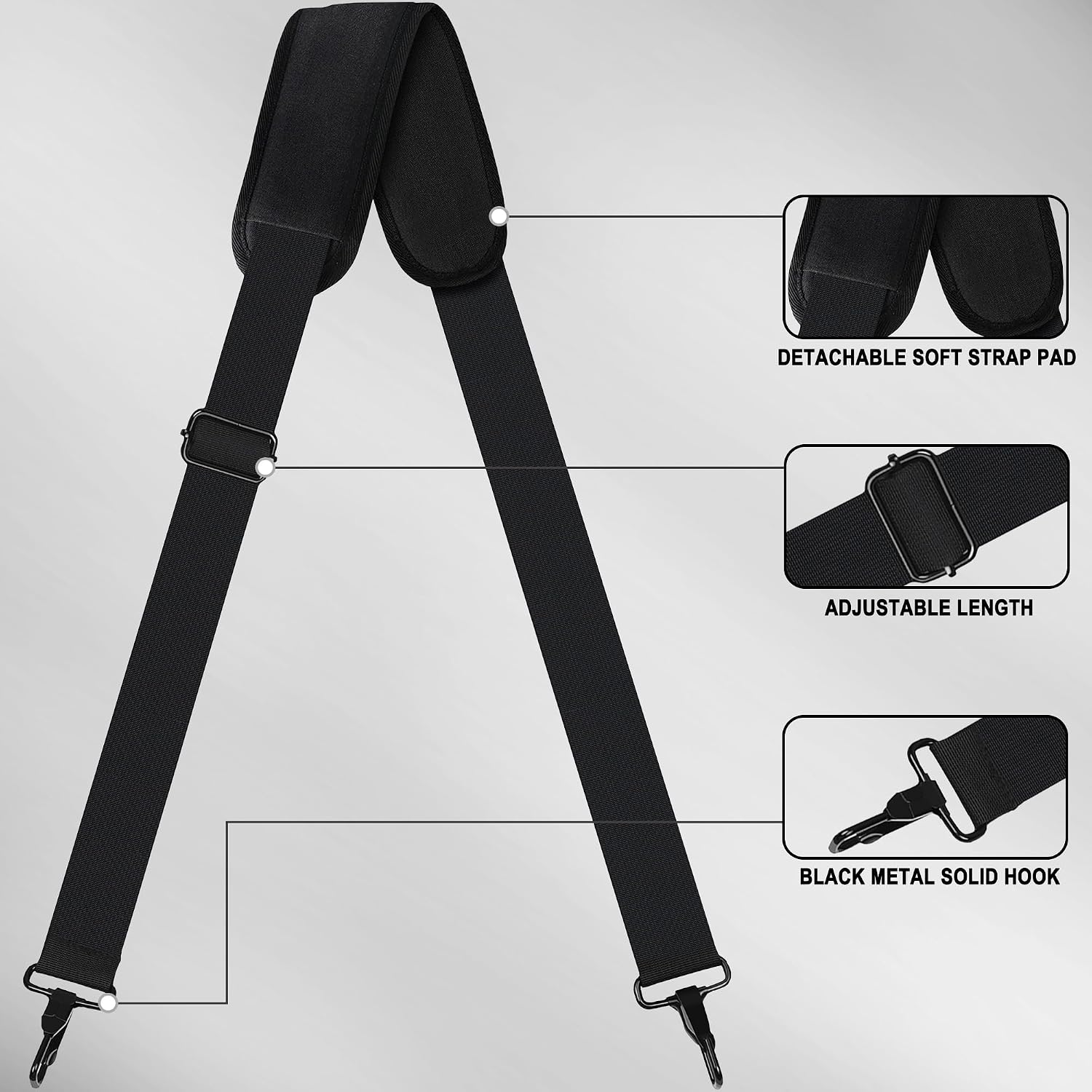 72 inch Shoulder Strap, Universal Replacement Laptop Shoulder Strap with Adjustable Buckles and Metal Hooks for Briefcase Laptop Messenger Bag Crossbody Bag Luggage/Duffel, Black