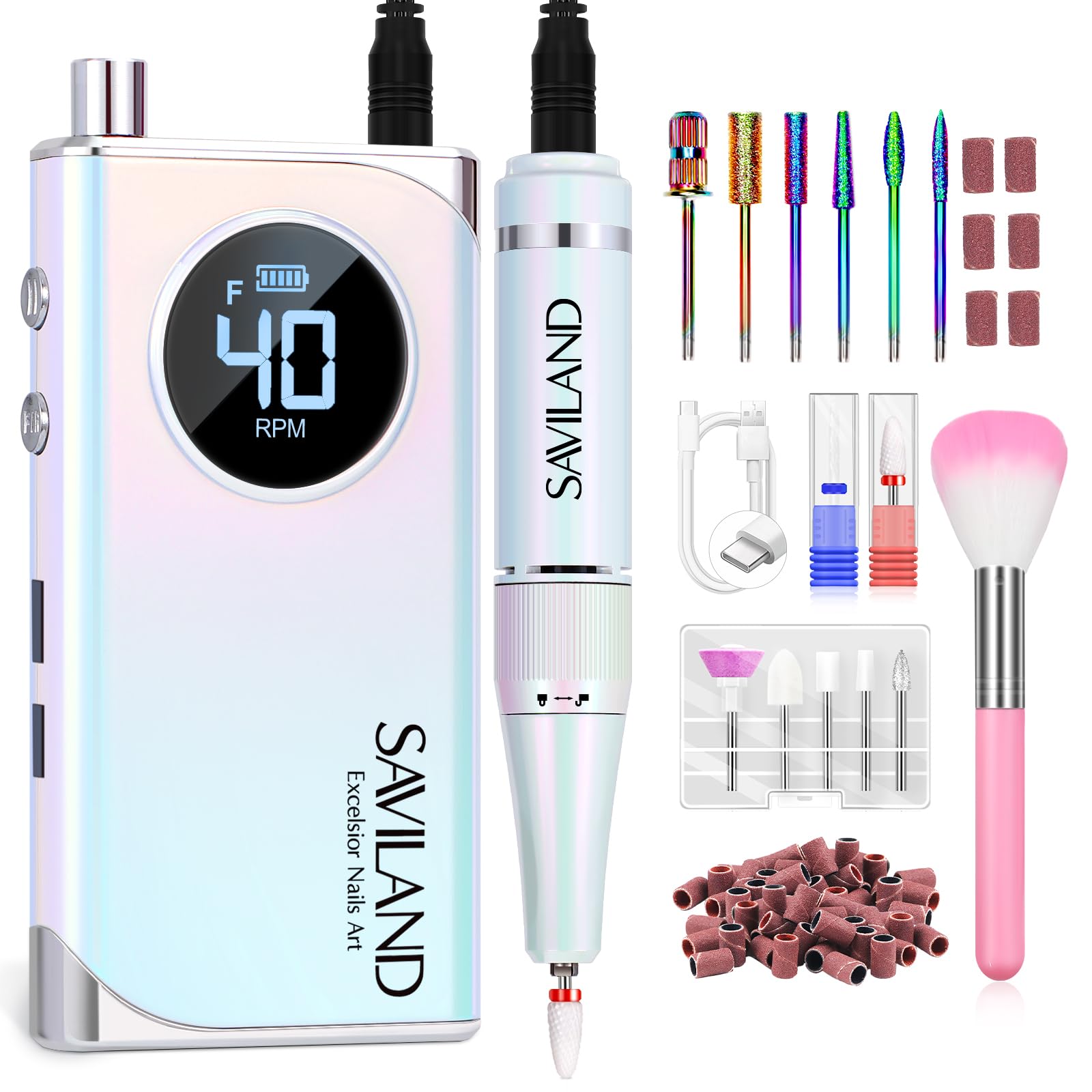 Saviland Electric Nail File 40000RPM: Professional Rechargeable Nail Drill for Acrylic Nails Gel Polishing Removing Adjustable Speed Low Vibration Safe E File with 13 Drill Bits for Nails Manicure