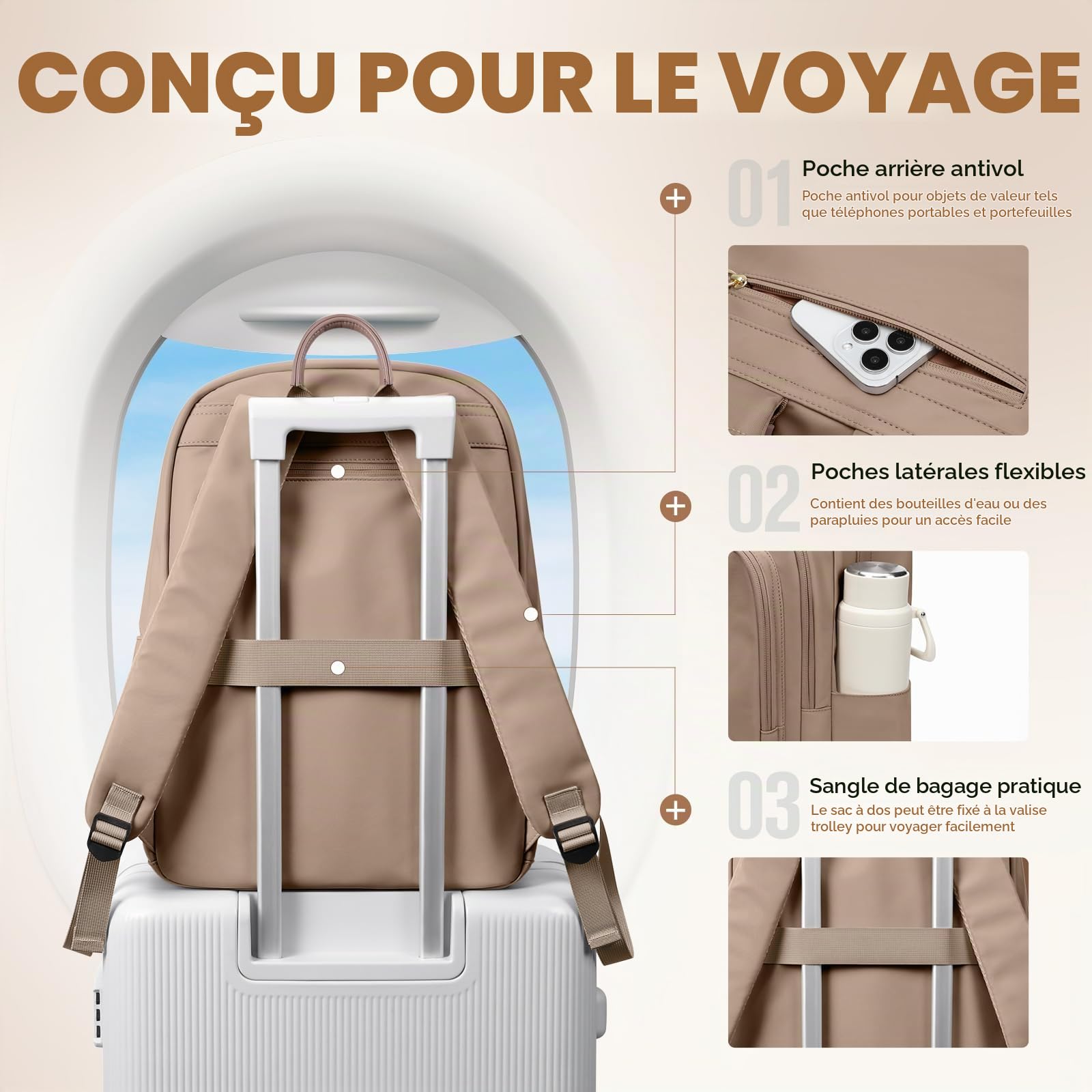GOLF SUPAGS Grande Capacité Sac à Dos Ordinateur Portable pour Femme, Sac à Dos Multifonctionnel de Voyage d'affaires Loisirs Fits 15,6 Pouces Notebook
