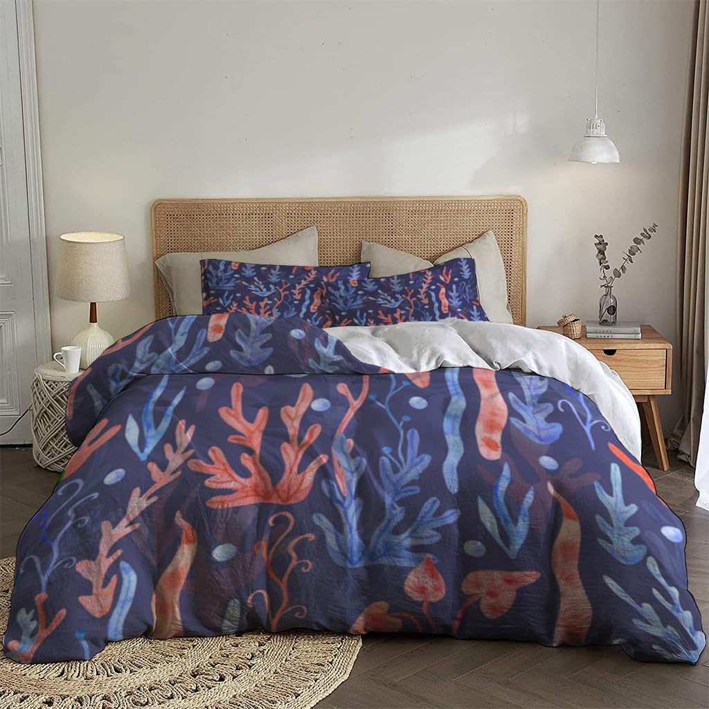 NIBAINLO 布団カバーネイビーブルーの水彩画「海藻と真珠」 肌に優しい ピーチスキン加工 掛け布団カバー 和式 洋式 あったか 布団カバーセット リバーシブル ホームステイ ホテル 家庭兼用
