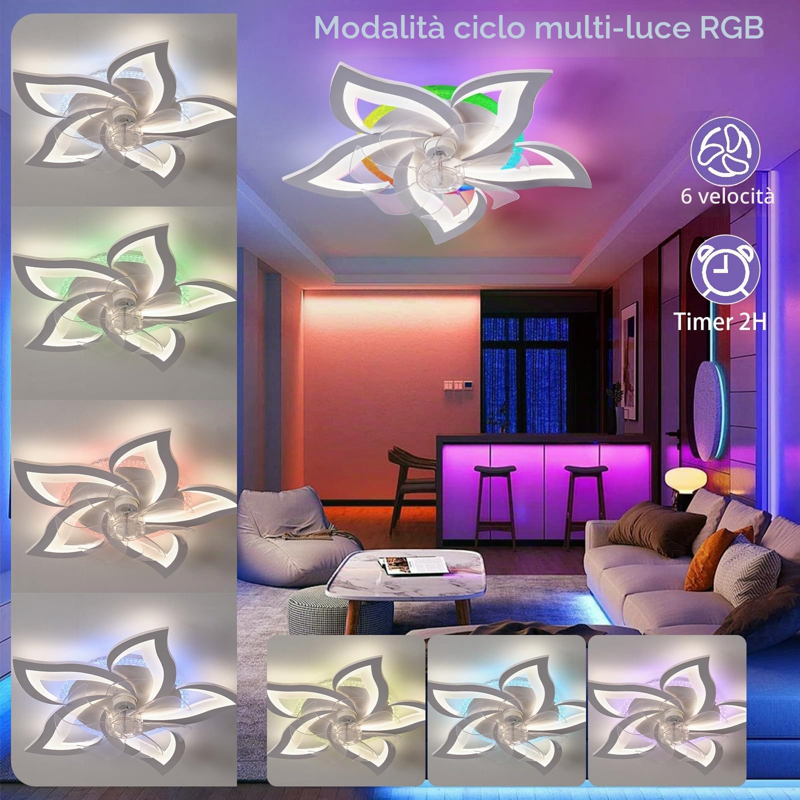 RGB Lampadario Ventilatore Dimmerabile 6 Velocità DC Smart Ventilatore Da Soffitto Con Luce E Telecomando Silenzioso Reversibile Plafoniera Con Ventilatore Bianco 7 Pale Per Soggiorno