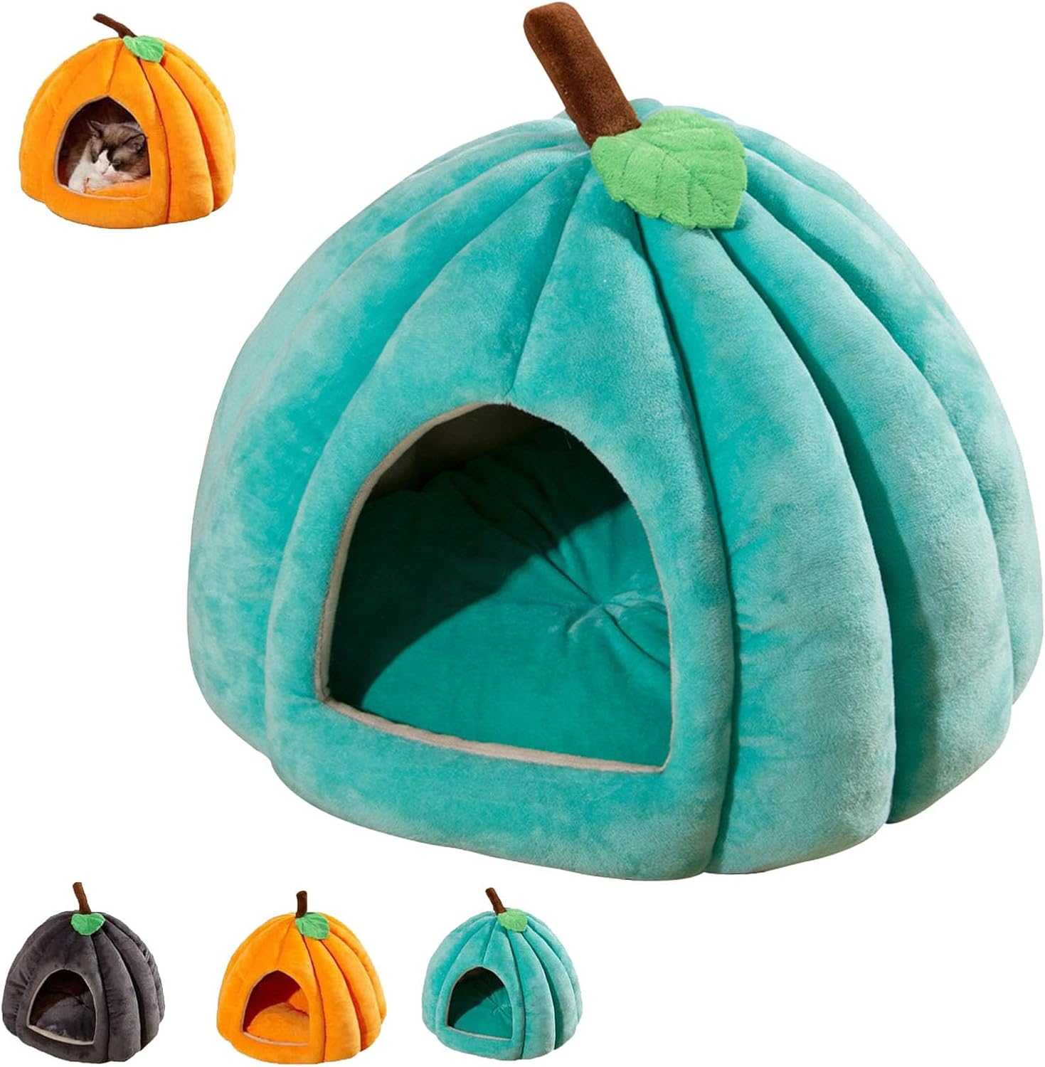 Pumpkin Cat Bed, Halloween Cat Bed, 2025 Pumpkin Cat House, with Removable Cushion, Cute Pumpkin Shape Cats Cave Bed Cat Tent for Small Cats (Orange, Large)