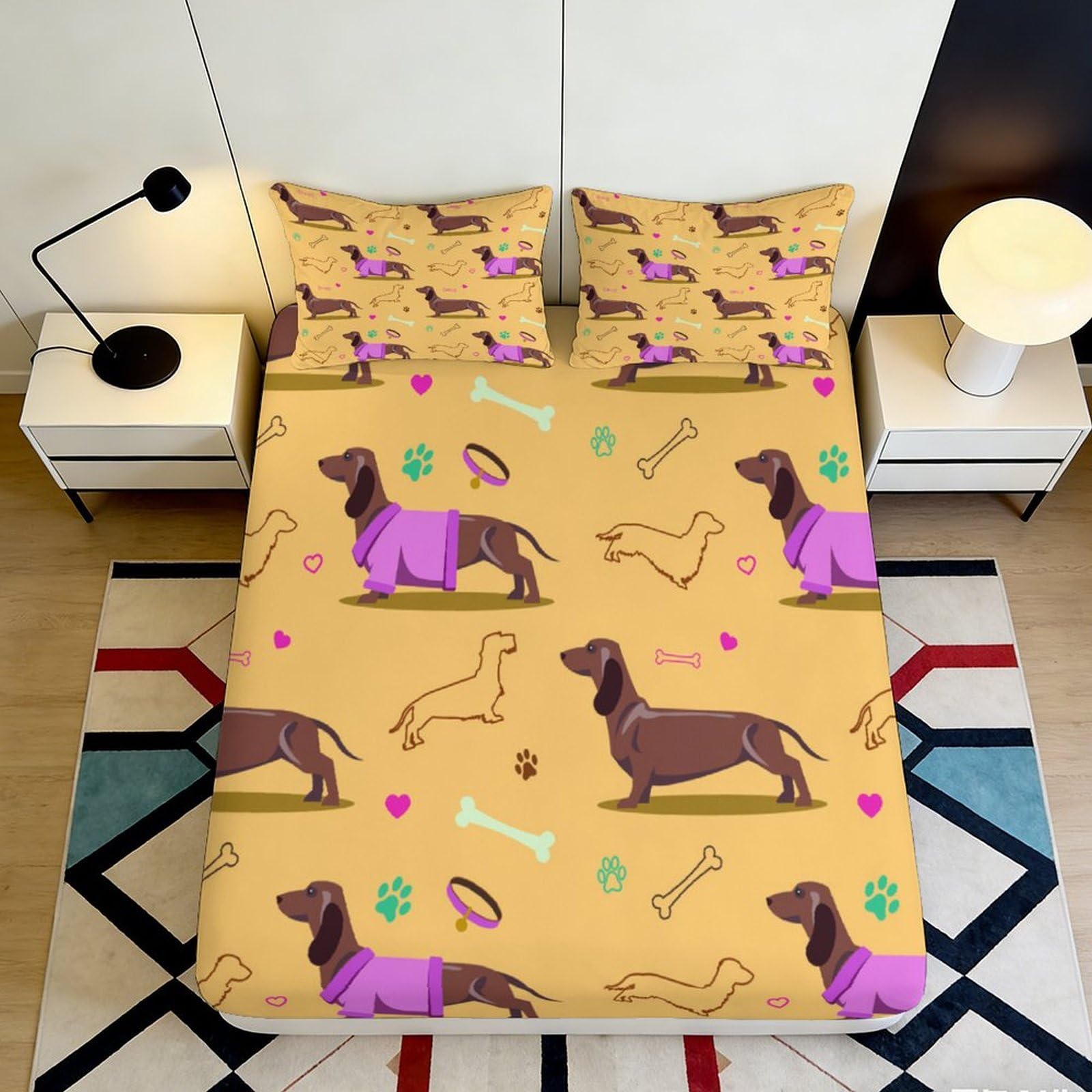3D Printed Dachshund Cartoon Fitted Sheet Microfiber Soft Yellow Dog Pattern Bed Cover for Bedroom Guest Room Mattress Protection 120x200x25cm