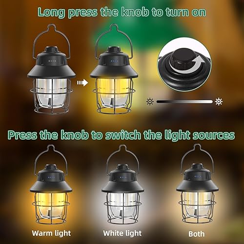 Miniatura 4 de JINIU Linterna LED recargable para campamento, mini linterna impermeable retro portátil, 1000 lm, 3 modos de luz (2700-6500 K) brillo de atenuación