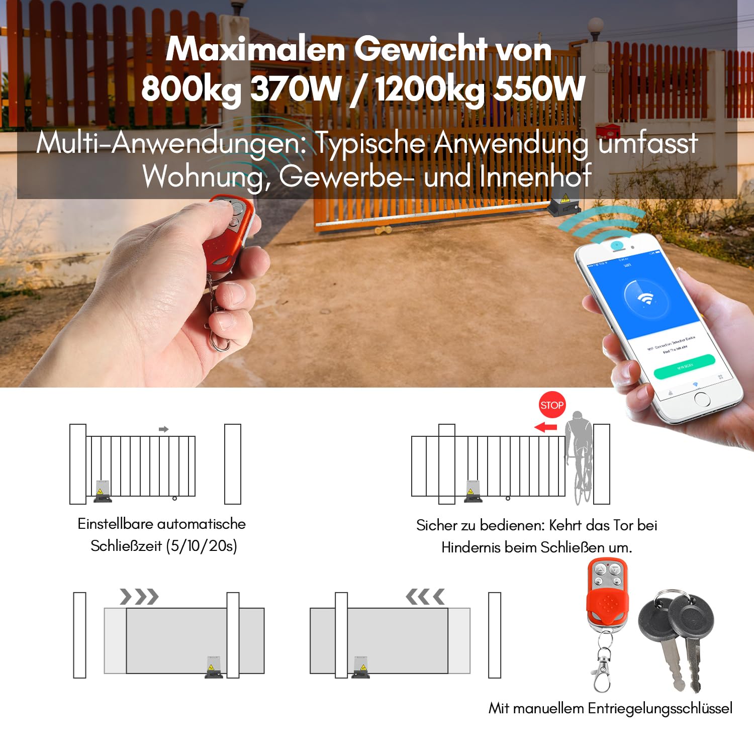 Fiqops 550W Motores Puertas Correderas máx 1200KG, Smart WiFi Accionamiento Eléctrico De Puerta con 4M Cremallera, 2 Control Remoto y la función de cierre automático para Puerta de Garaje