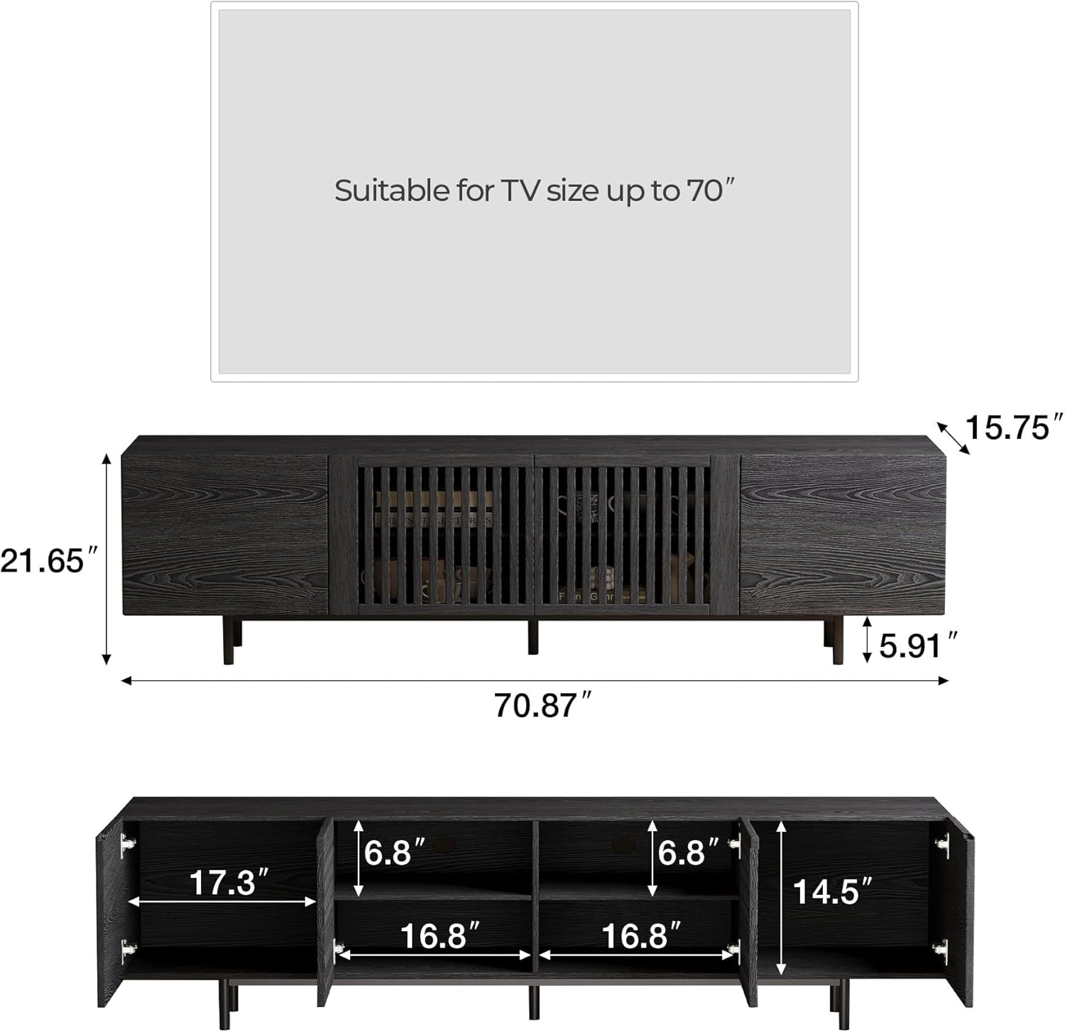 Mid Century Modern Black TV Stand for 70 Inch and Larger TVs, 70.87" Media Console with Solid Wood Slatted Doors, Metal Base, Stylish Entertainment Center for Living Room or Bedroom