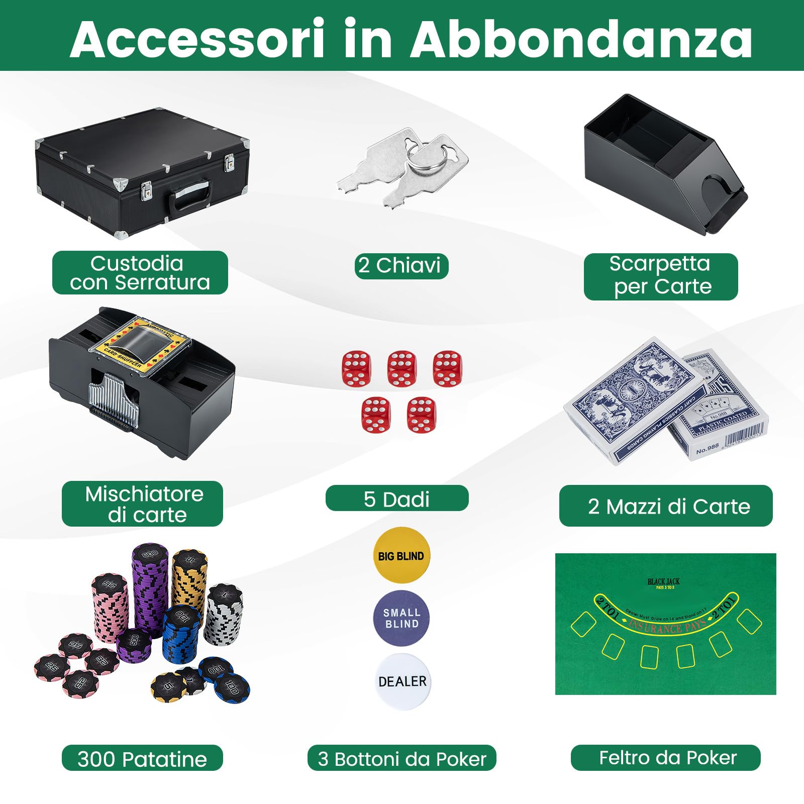 COSTWAY Set di Fiches da Poker con 300/600 Fiches, 2/6 Mazzi di Carte 5 Dadi Mescolatore Automatico di Carte e Tappeto, Scatola Portatile, Poker Chips per Party Viaggi e Feste (300 PCS)