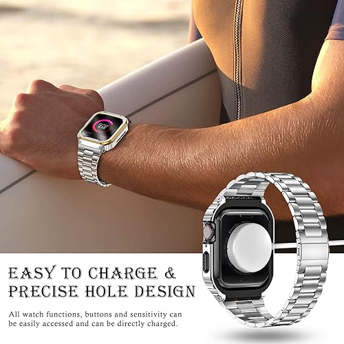 Miniatura 86 de MioHHR Correa y funda de acero inoxidable compatible con Apple Watch Band de 1.772 pulgadas, cubierta protectora de metal para hombres para iWatch