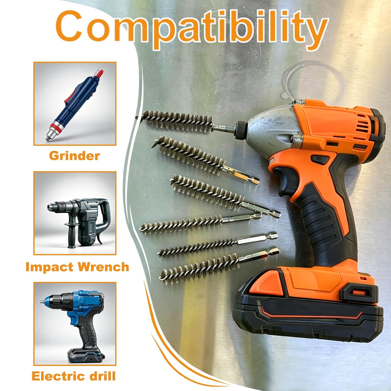 6Pcs 1-1/8"(28mm) Stainless Steel Bore Brush Set for Drill GSS-01 | Twisted Wire Cleaning Brushes Drill Brush Attachments with 1/4" Hex Shank, for Rust and Tube Cleaning