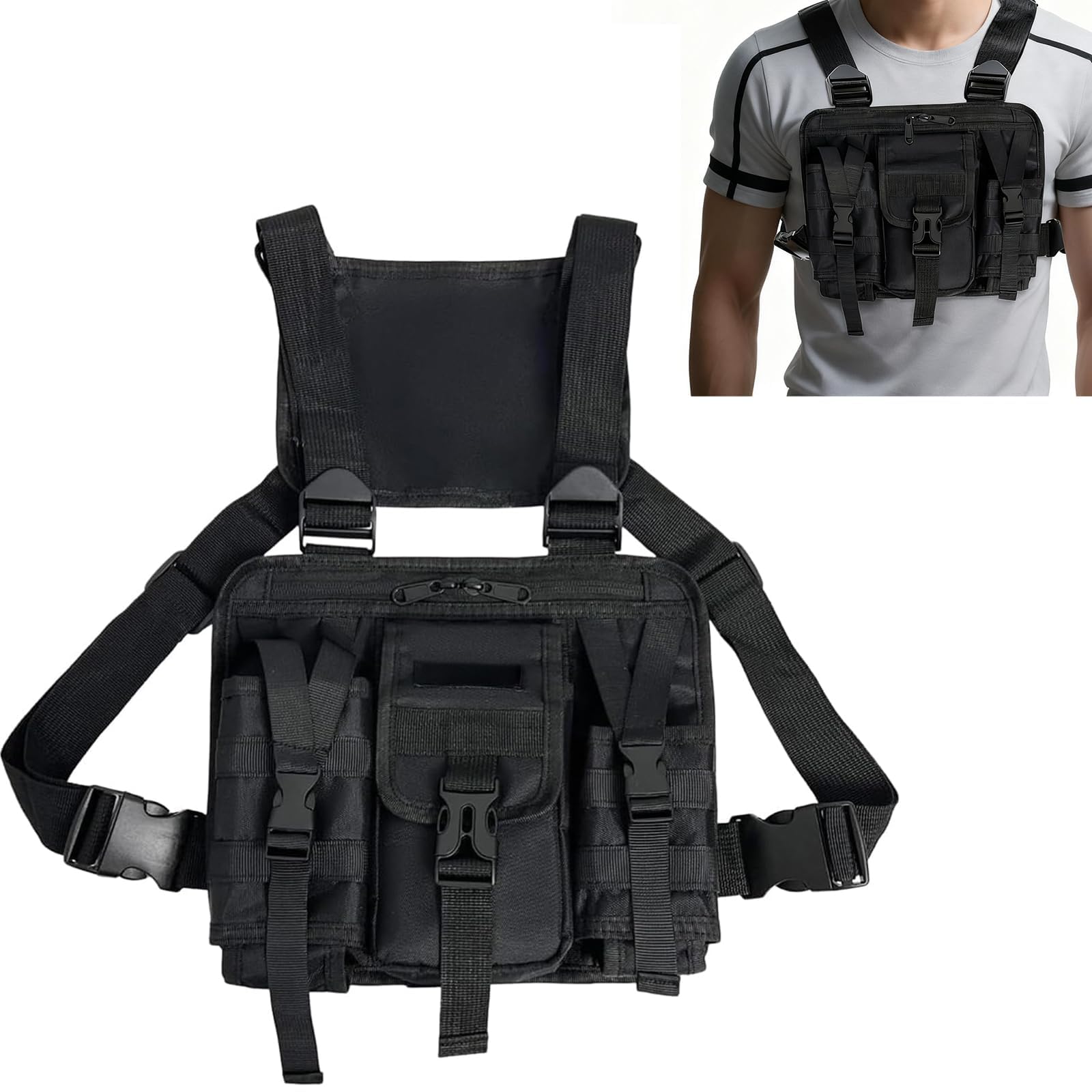 Tasca Tattica Sul Petto da Uomo Donne,Borsa da Corsa Sul Petto con Spalline Regolabili,Tasche Multiple,per Campeggio,Pesca e Viaggi All'aperto,Nero