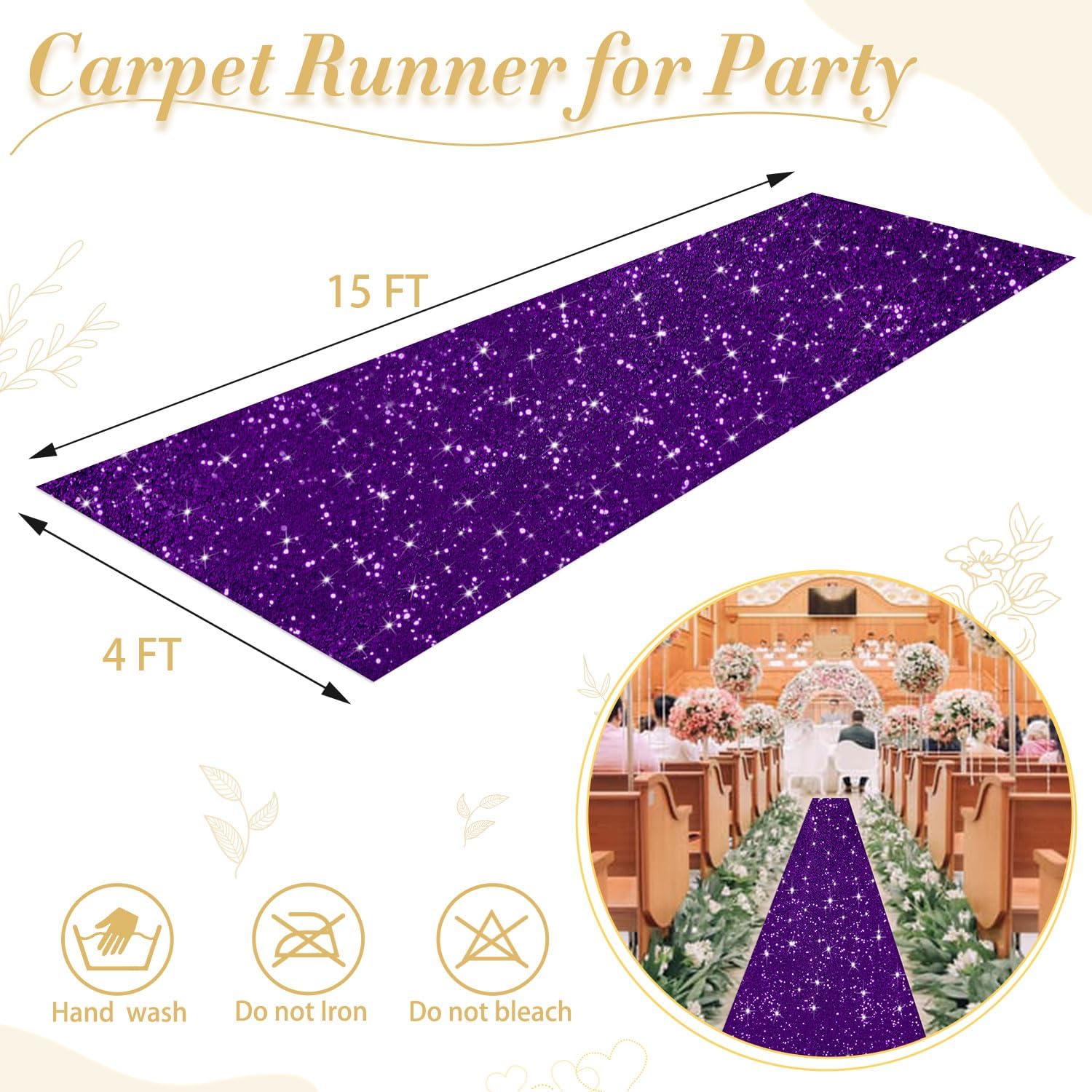 Purple Aisle Runner Rug Sequin Wedding Aisle Runners for Indoors 4FTx15FT Glitter Hallway Carpet Runner for Party Bridal Runner for Aisle Indoor Outdoor Wedding Runway Carpet for Grass