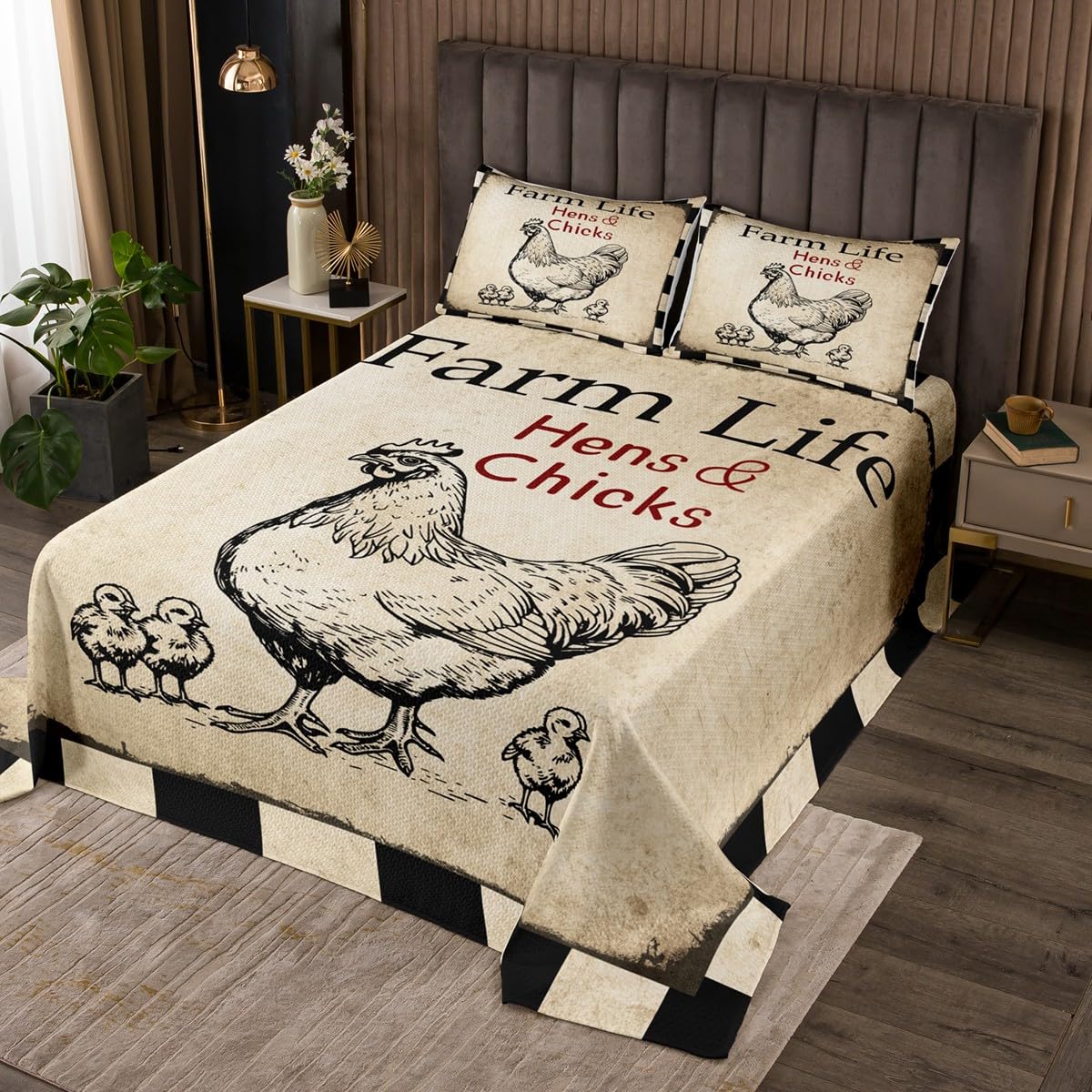 Homewish Chicken Bedspread King Size,Rooster Hen Farm Animal Bedding Set for Kids Boys Girls Room Decor,Rustic Farmhouse Style Vintage Quilt 3Pcs,Retro Black Beige Plaid Coverlet Set,2 Pillowcases