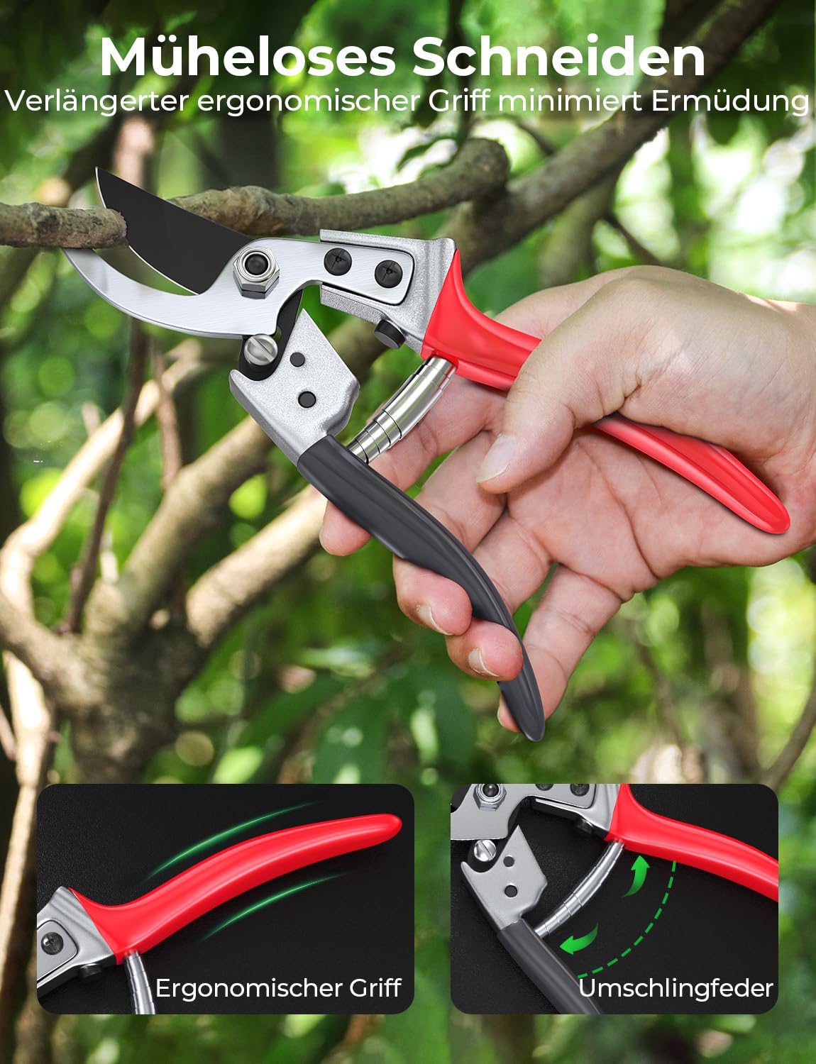 Profi Gartenschere – 6× schärfer, Japanischer SK5-Kohlenstoffstahl, Bypass-Schneide, 25 mm Schnittdurchmesser, für trockenes, frisches Holz, Profi Rosenschere, Pflanzenschere