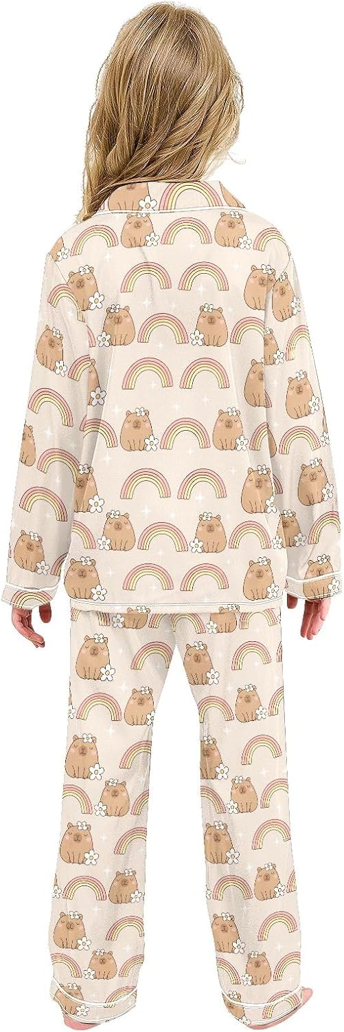 Kids Casual Satin Wear Set Capybara Pizza Pattern Unisex Relaxed Fit Clothing