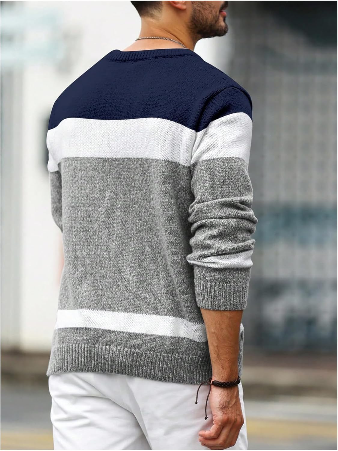 Men's Color Block Sweater Crew Neck Long Sleeve Cable Knit Pullover Tops Casual Knitwear - Image 2