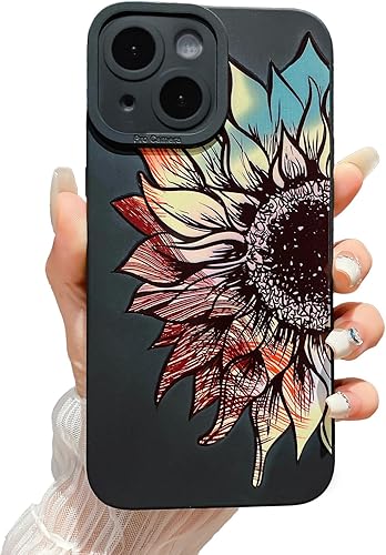 LY&SASIF Funda de protección de TPU suave para iPhone 13 para mujeres y niñas, bonito diseño de flores y girasoles (negro 2)