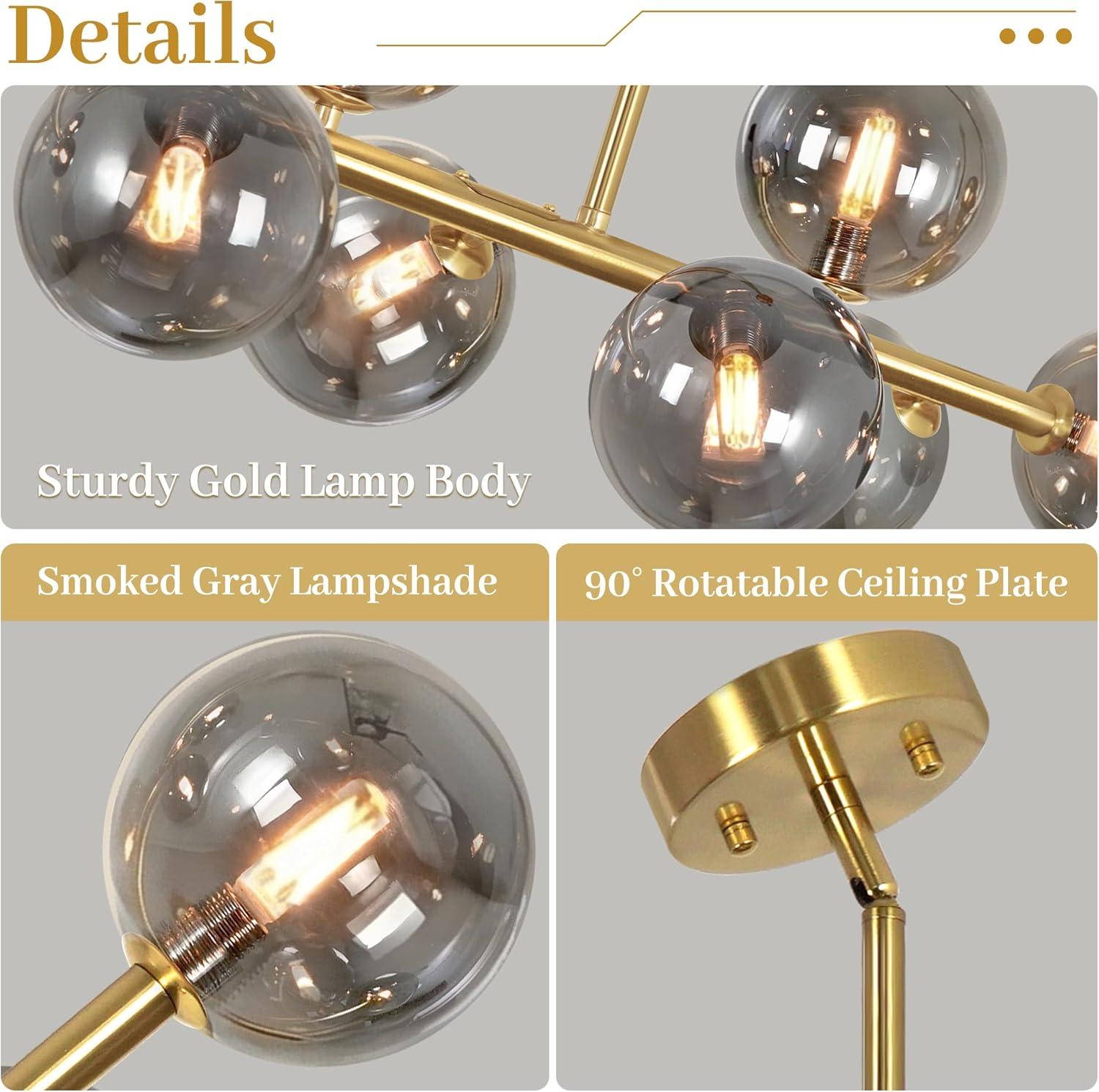 Dining Room Chandelier 37" Gold Sputnik Linear Chandelier for Dining Room, Island Light for Kitchen with Gray Globe Rectangle Linear Sputnik Pendant Light for Kitchen Island, Copper