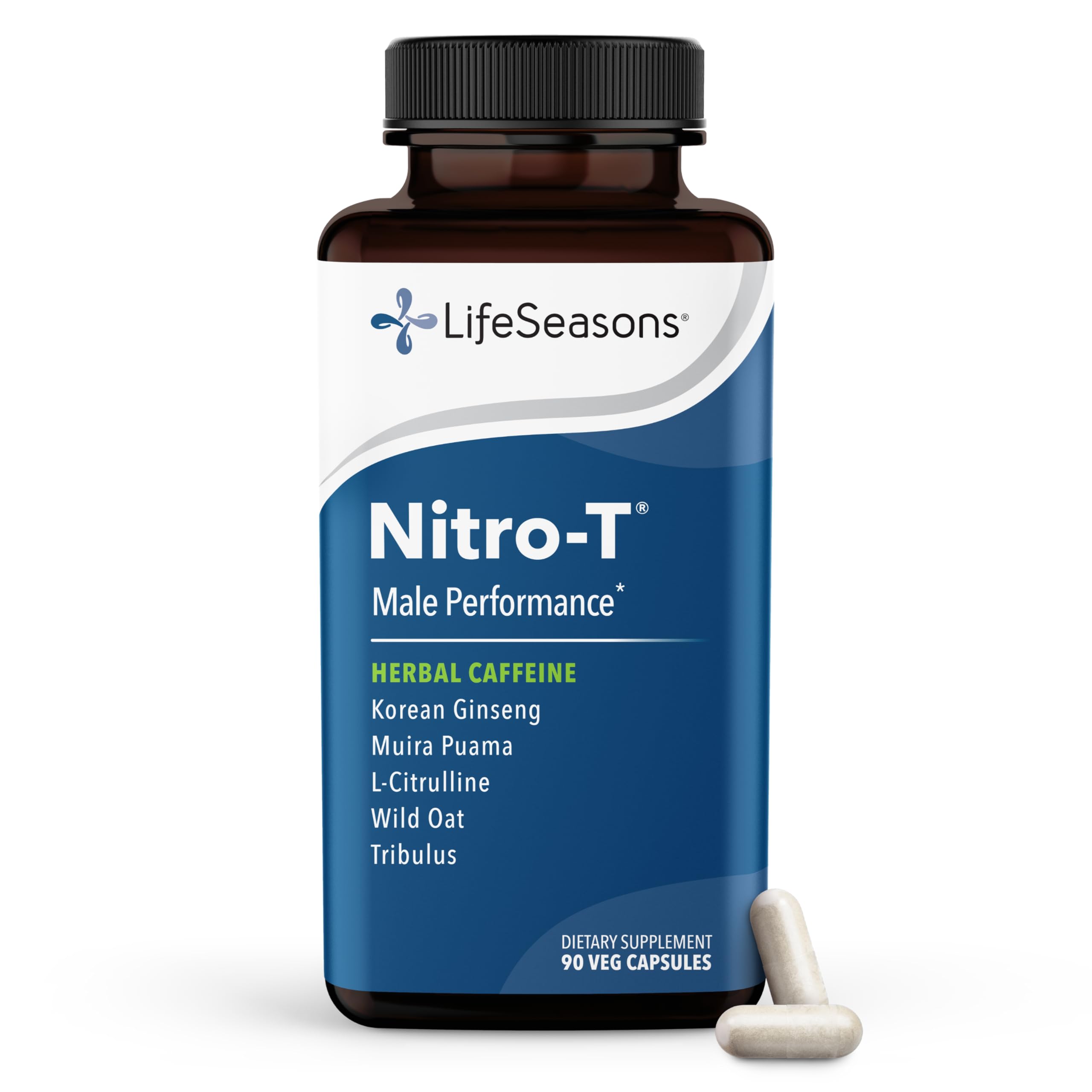 LifeSeasons Nitro-T - Men's Performance Support Supplement - Enhance Stamina & Energy - Promote Healthy Blood Circulation - L-Citrulline L-Theanine Tribulus Ginger Kava & Caffeine - 90 Capsules