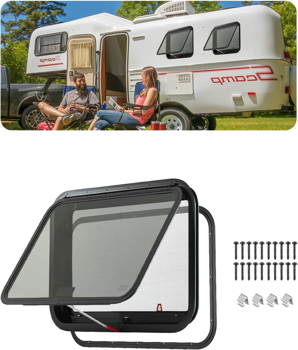 VEVOR RV Exit Window, 30" W x 20" H Tinted RV Window with Net Screen and Trim Ring, Fit for 1 1/4" - 1 13/16" Thickness Wall, RV Window Replacement for Teardrop Cargo Trailer Camper, DOT Approved