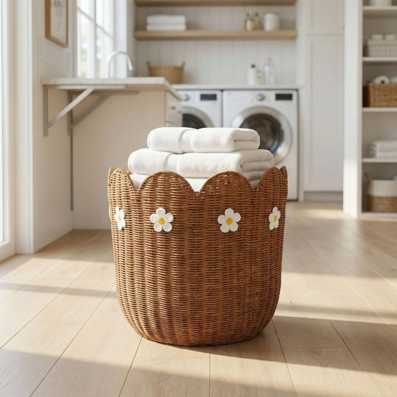 kowaku Cesta de Almacenamiento Tejida Cesta de Mimbre Cesto Organizador Contenedor Decorativo en Ratán con Toques Ornamentales Suaves y Estilo Acogedor