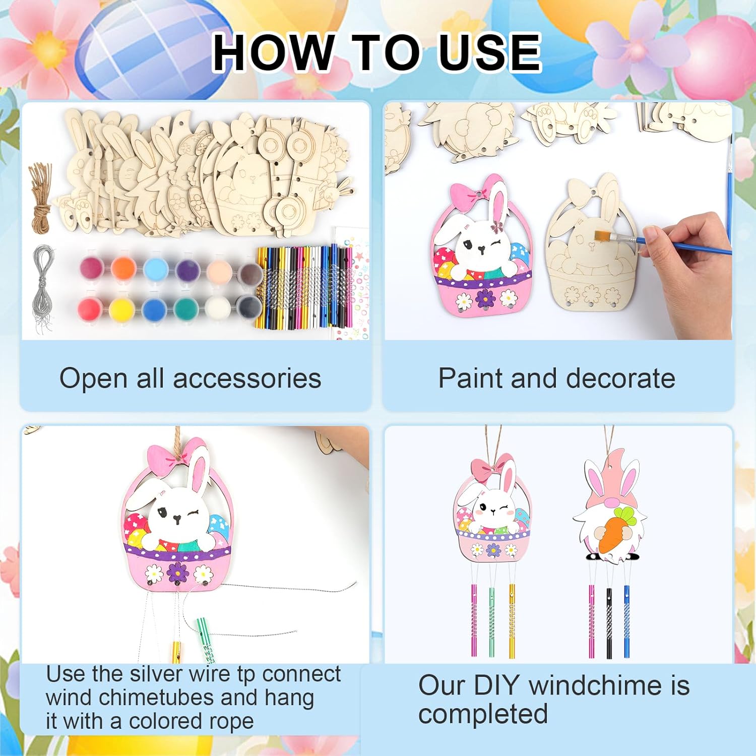 Fangoo 12 Pack Easter Wind Chime Craft Kit Make You Own Bunny Egg Chick Wind Chimes Unfinished DIY Wooden Coloring Activity for Girls Boys Easter Hanging Ornaments Party Decoration