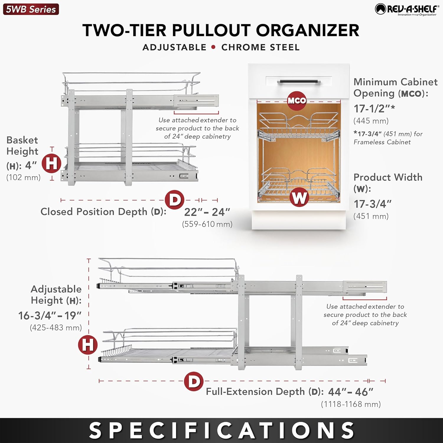 Rev-A-Shelf 2-Tier Pullout Cabinet Organizer – 18x22" Slide Out Basket - Image 5