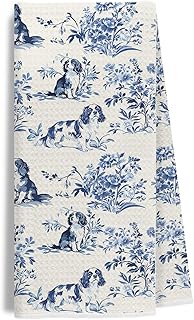 Chinoiserie Cavalier King Charles Spaniel Kitchen Towel, King Charles Cavalier Gifts Dish Tea Towels for Kitchen, Grandmillennial Toile de Jouy Dog Hand Towels for Bathroom, 16x24 Inch