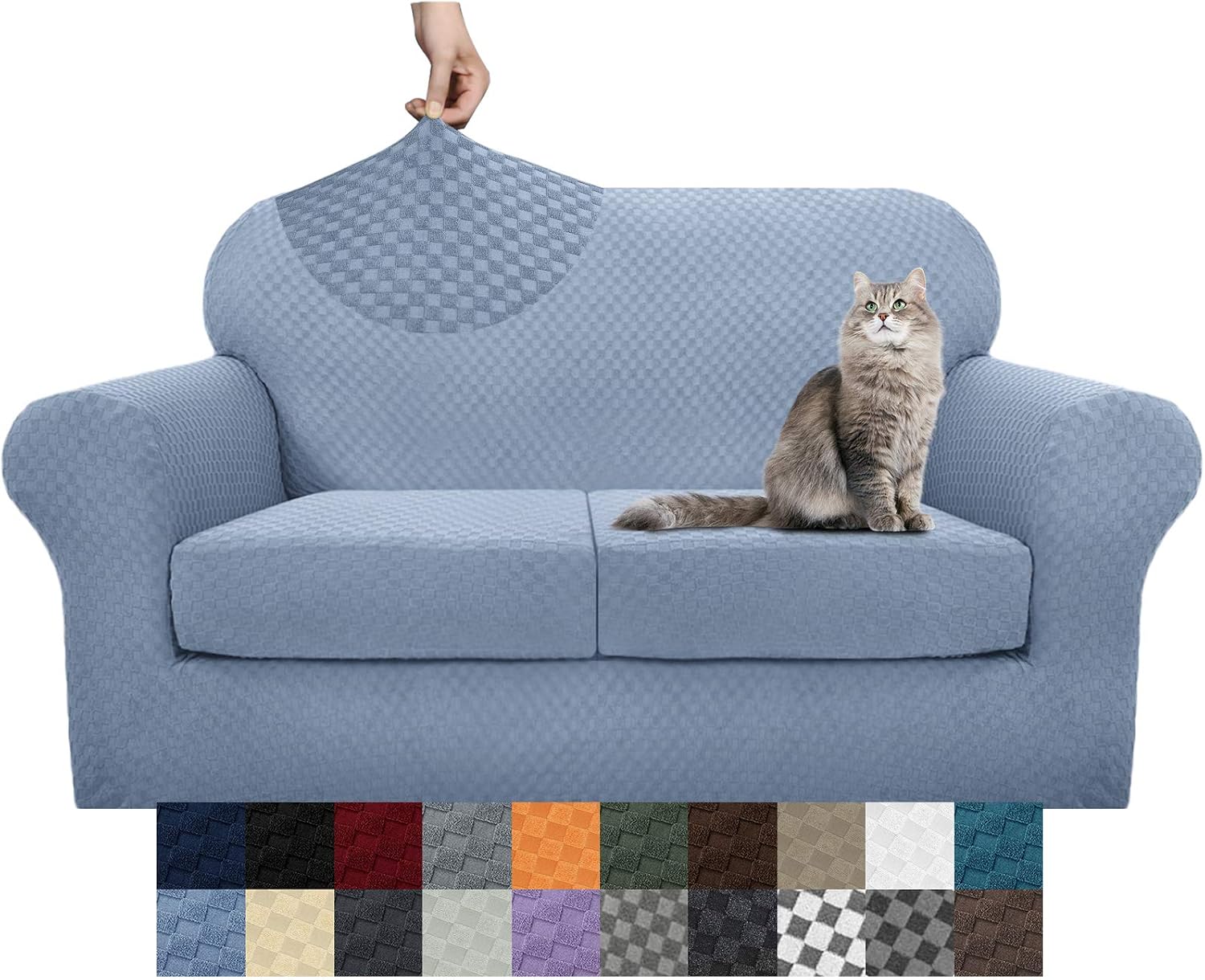 YEMYHOM Latest Checkered 3 Pieces Couch Covers for 2 Cushion Couch High Stretch Thickened Love Seat Sofa Cover for Dogs Pets Elastic Loveseat Slipcover Protector (Light Blue), 55"-69"(2 Cushions)