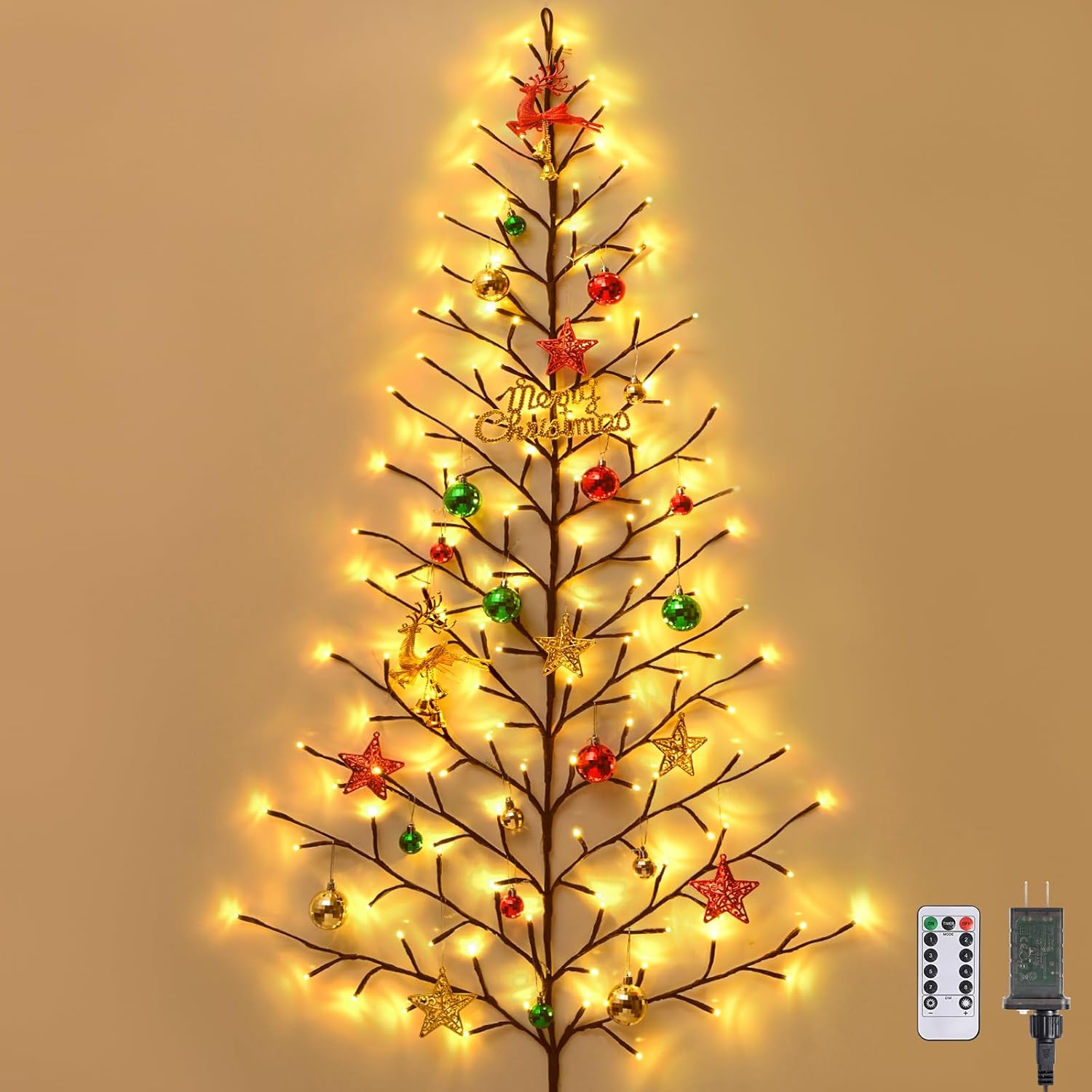 Yinhua 5 FT Wall Christmas Tree Light, Light Up Wall Tree with Remote Timer, 27 PCS Christmas Ornaments, 144 LED Lighted Christmas Tree with 8 Lighting Modes 10 Dimming Levels, Xmas Wall Decor, Gift