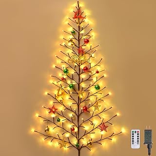 Yinhua 5 FT Wall Christmas Tree Light, Light Up Wall Tree with Remote Timer, 27 PCS Christmas Ornaments, 144 LED Lighted Christmas Tree with 8 Lighting Modes 10 Dimming Levels, Xmas Wall Decor, Gift
