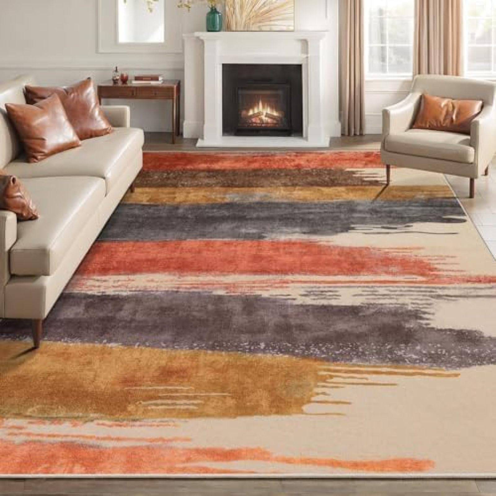 Tapis pour salon 200x250 cm beige abstrait à poils courts lavable