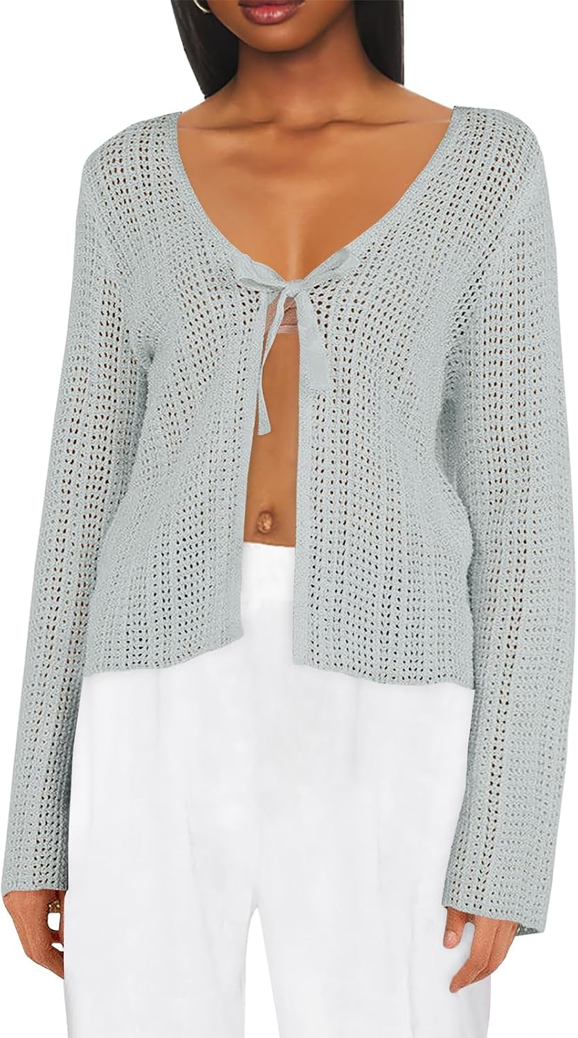 Saodimallsu Womens Summer Crochet Lightweight Cardigans Tie Front Mesh Knit Long Sleeve Casual V Neck Beach Cover Ups