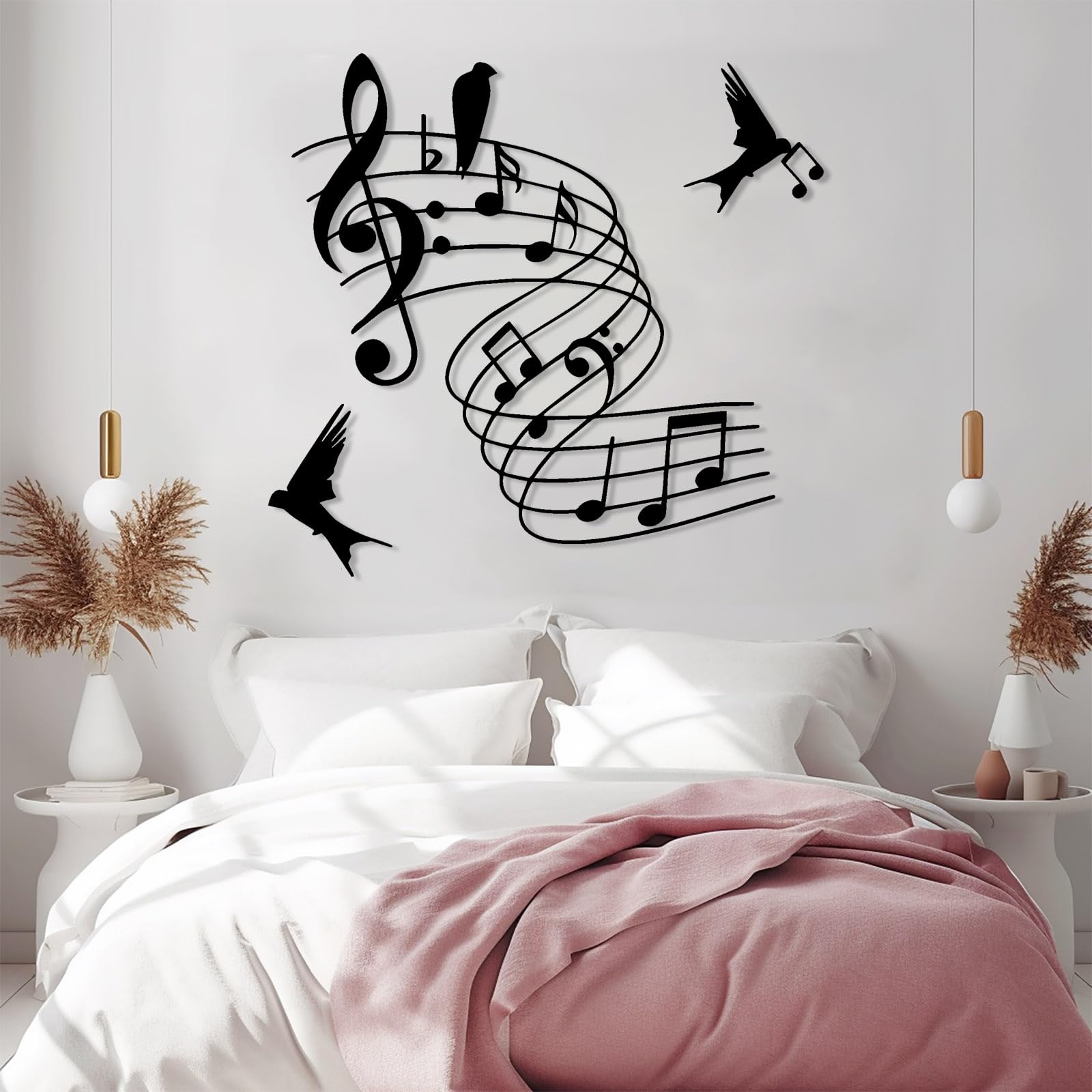 Decoración de pared abstracta contemporánea de metal con motivos musicales y de pájaros, arte musical, decoración musical, arte con partituras de pájaros, letrero temático, obra de arte de estudi