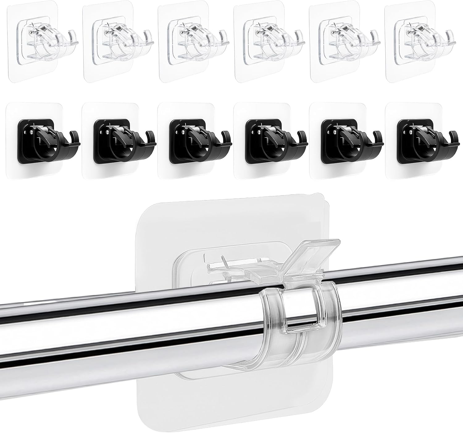 No Drill Curtain Rod Brackets, 12Pcs Self Adhesive Curtain Rod Holders No Drilling, Nail Free Drillless Nailless Curtain Rod Holder Hanger Hook Bracket for Wall Home Kitchen Bathroom Hotel Dorm, Black
