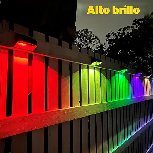 Luces de valla solares más brillantes, luces solares impermeables para exteriores, blanco cálido y RGB 8 colores, luz de cubierta desde el atardecer